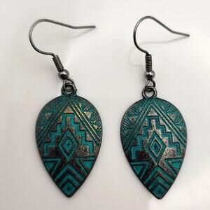 Relic Teardrops Aztec Etched Silver Tribal Earrings